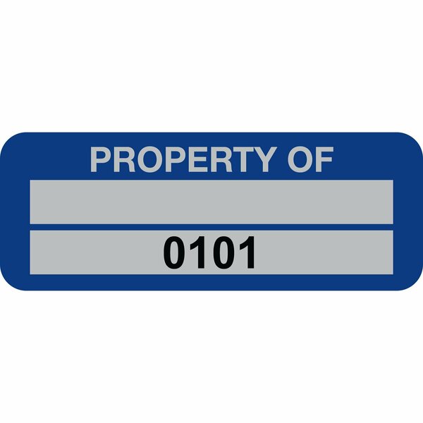 Lustre-Cal Property ID Label PROPERTY OF 5 Alum Blue 2in x 0.75in 1 Blank Pad&Serialized 0101-0200, 100PK 253740Ma2Bd0101